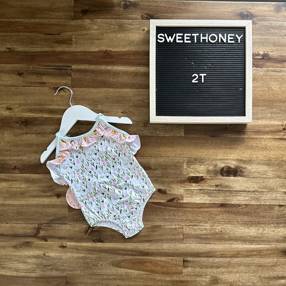 NWT SweetHoney Mary One Piece Swimsuit Savannah Floral White Green Pink 2T